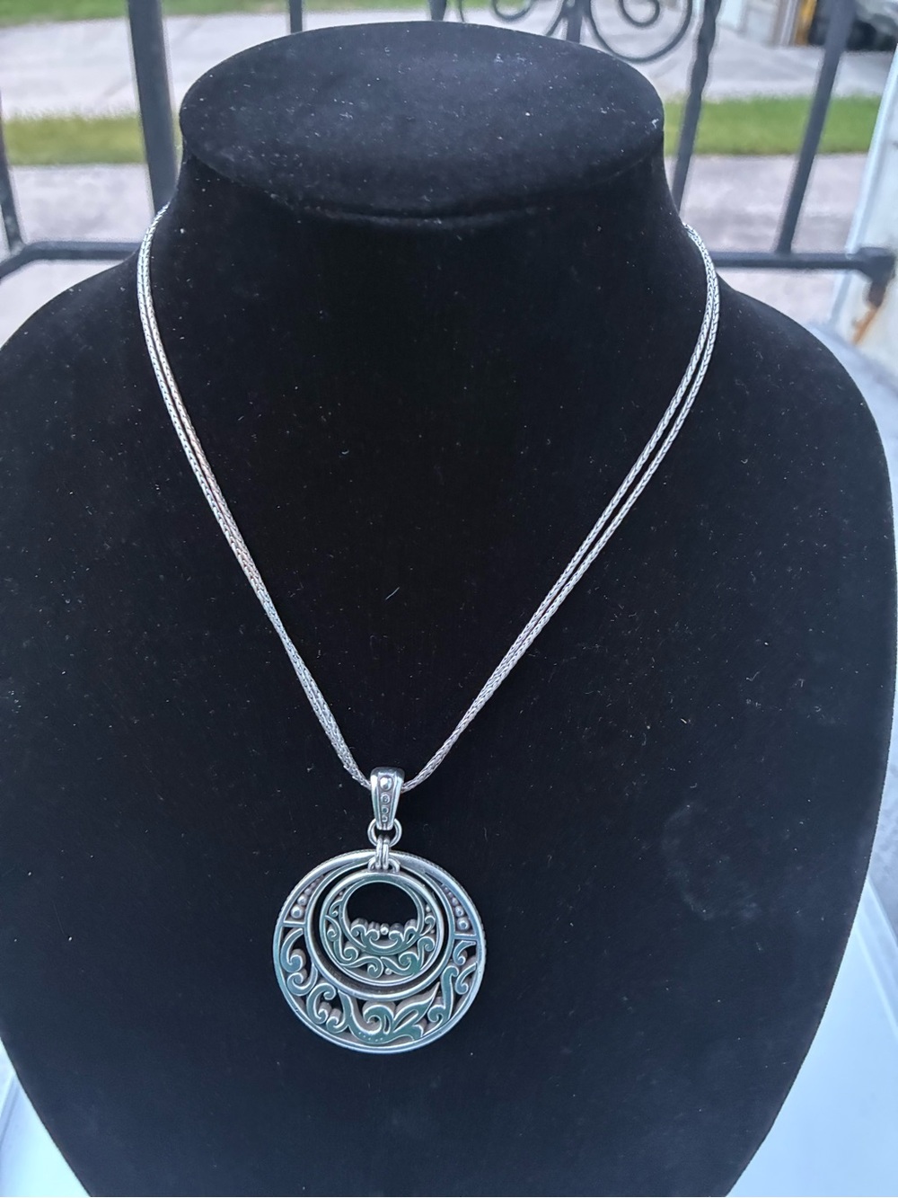 Silver-Tone Filigree Circle Pendant Necklace with Blue Accents